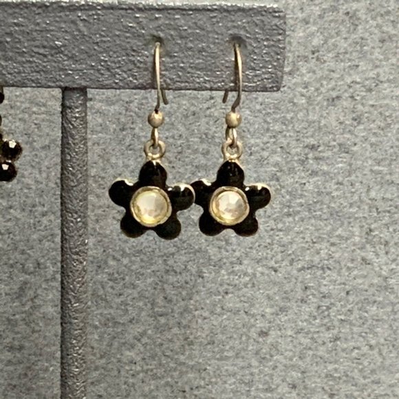 Dangle Pierced Earrings Lot Black Flower Rhinestone Enamel Silver Retro 80s - Picture 3 of 5